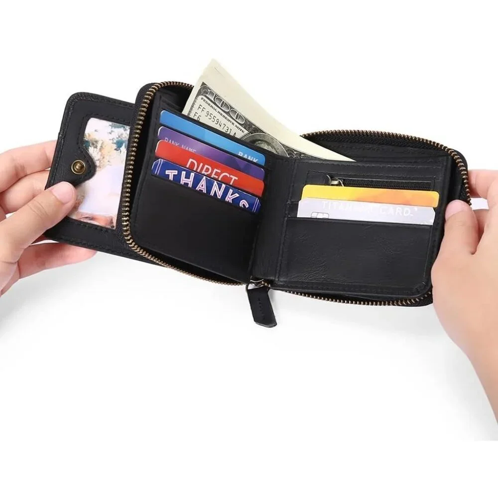 Men's A-Black Wallets Genuine Leather Front Around Zip Pocket Credit Card